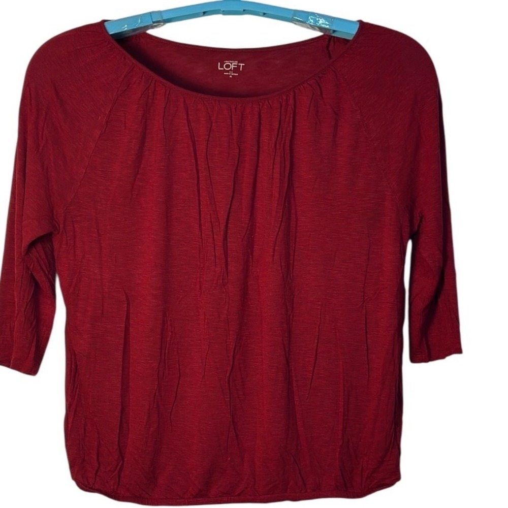 LOFT Top 3/4 Sleeve‎ Blouse Round Neck Elastic Cuff Hem Pullover Blouse  Red M